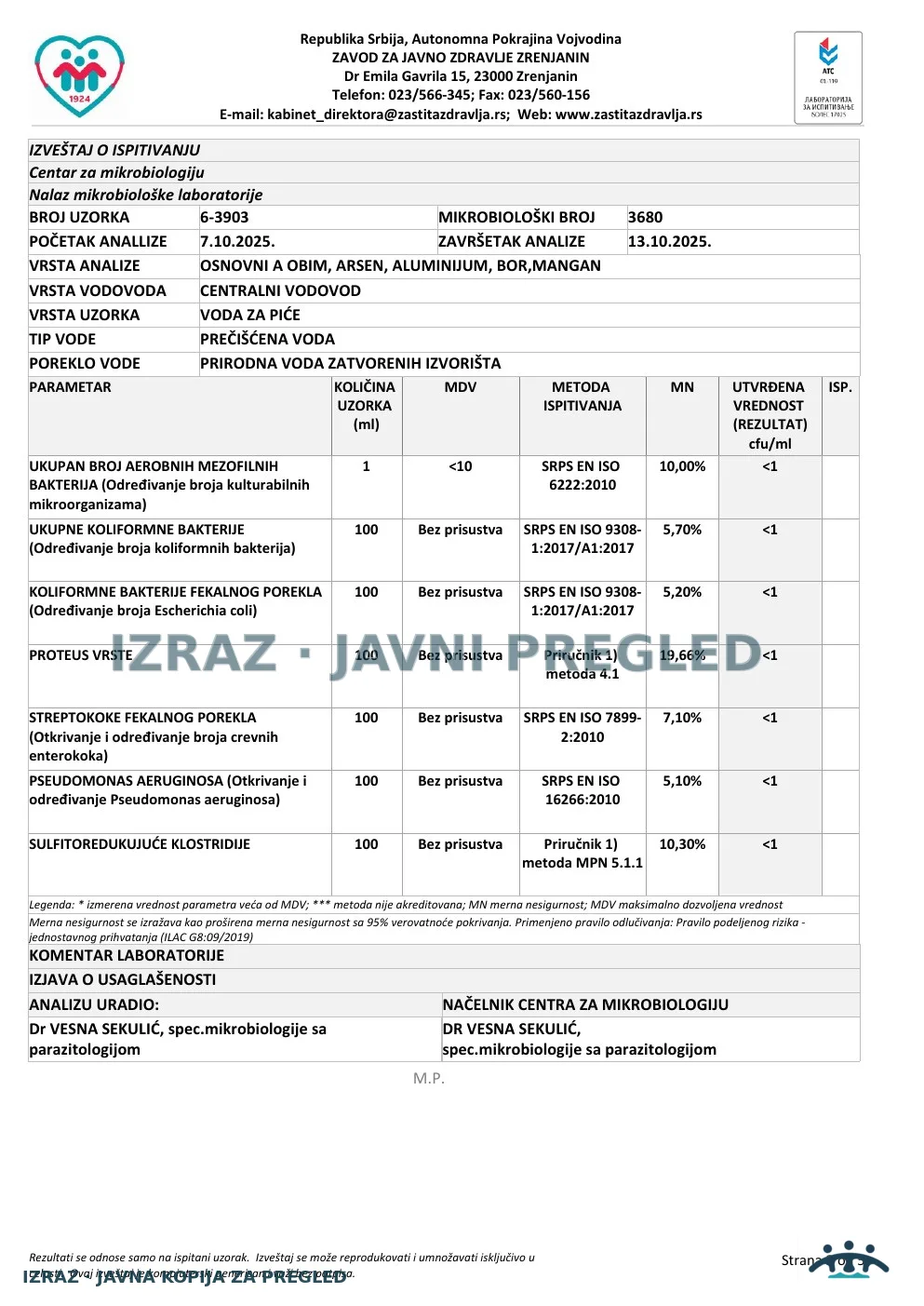 Izveštaj ZZJZ br. 3903 — Zrenjanin: FABRIKA VODE - IZLAZ (6.10.2025.) — ispravan, strana 2