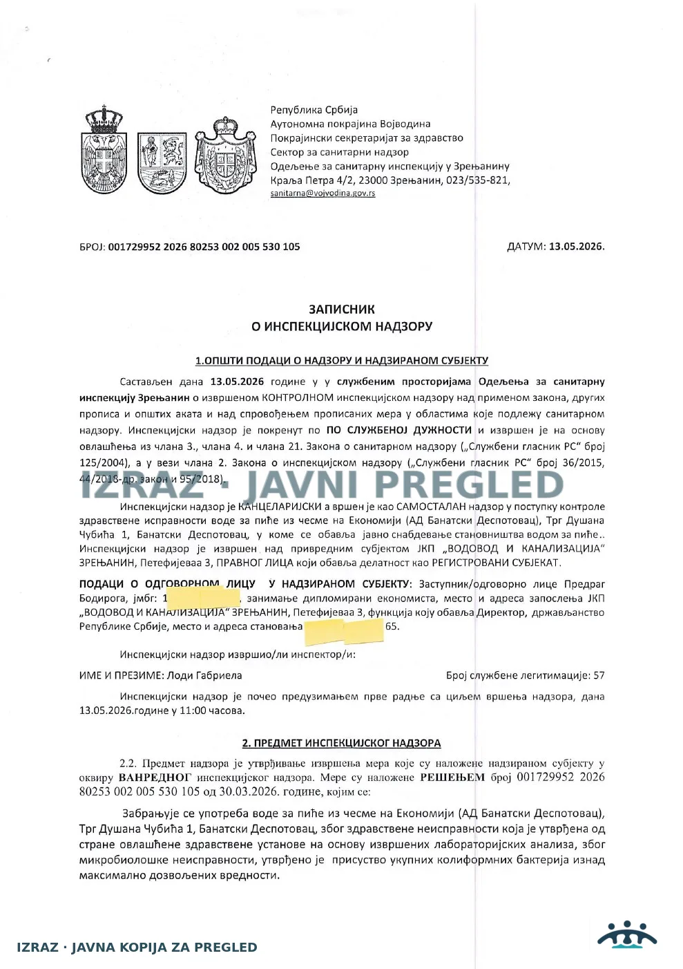 Zabrana vode za piće-Česma na Ekonomiji BAN DESPOTOVAC-ISPRAVNA 13.05.2026, strana 1