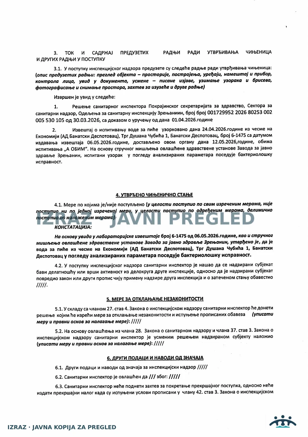 Zabrana vode za piće-Česma na Ekonomiji BAN DESPOTOVAC-ISPRAVNA 13.05.2026, strana 2