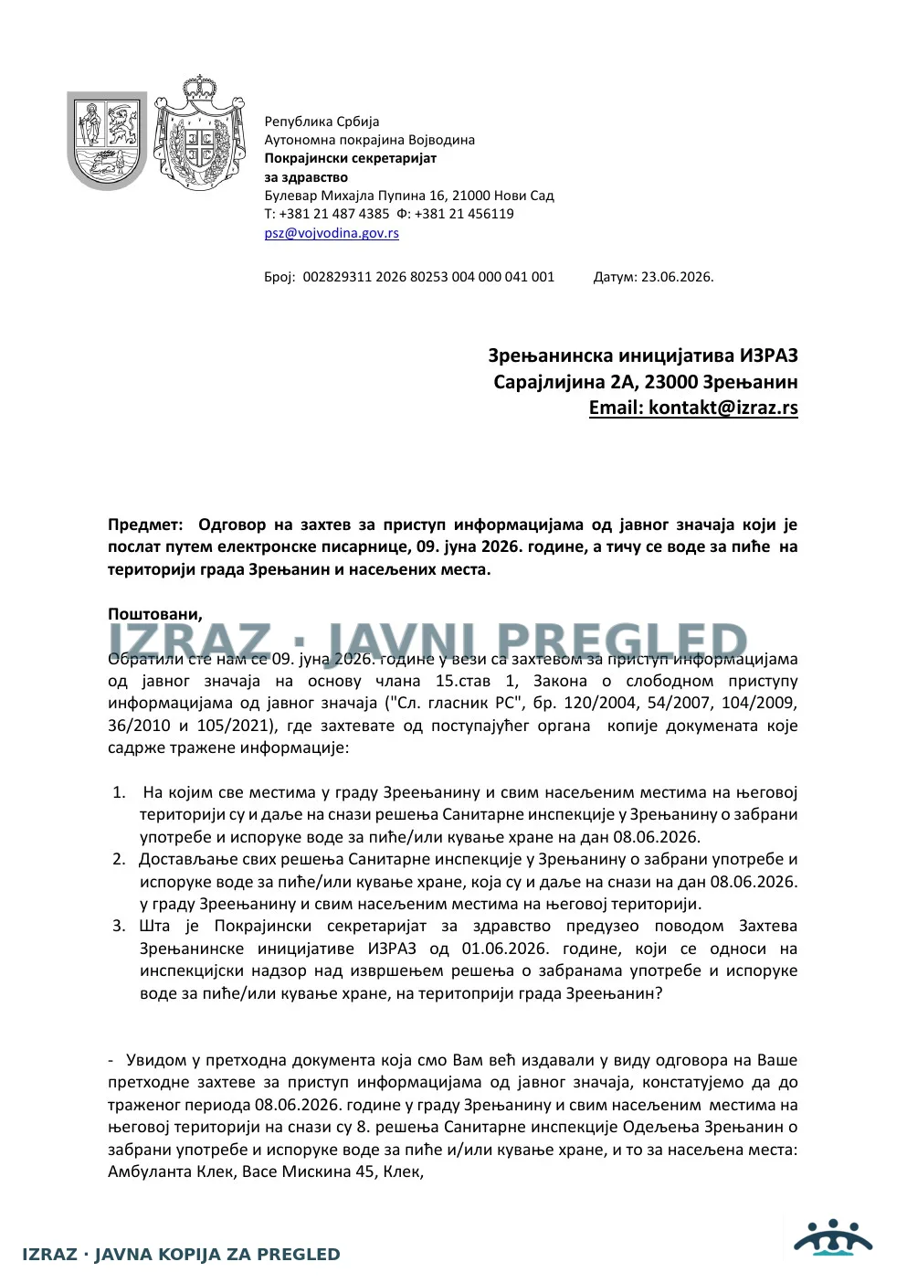 IZRAZ-Zahtev za informacijom PS-ODGOVOR 23.06.2026, strana 1