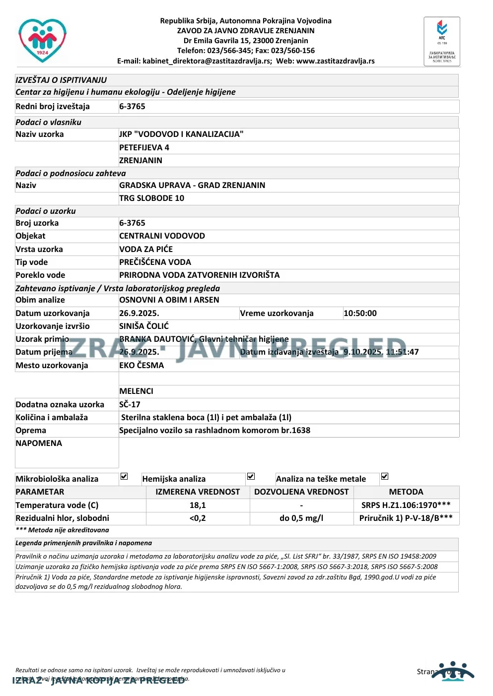Izveštaj ZZJZ br. 3765 — Melenci: EKO ČESMA (26.9.2025.) — neispravan, strana 1