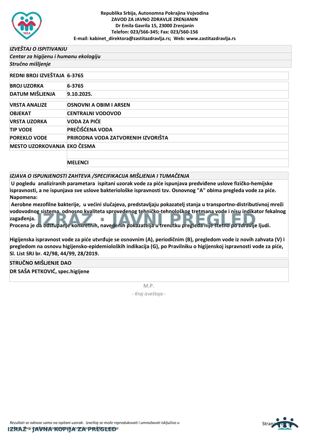 Izveštaj ZZJZ br. 3765 — Melenci: EKO ČESMA (26.9.2025.) — neispravan, strana 5