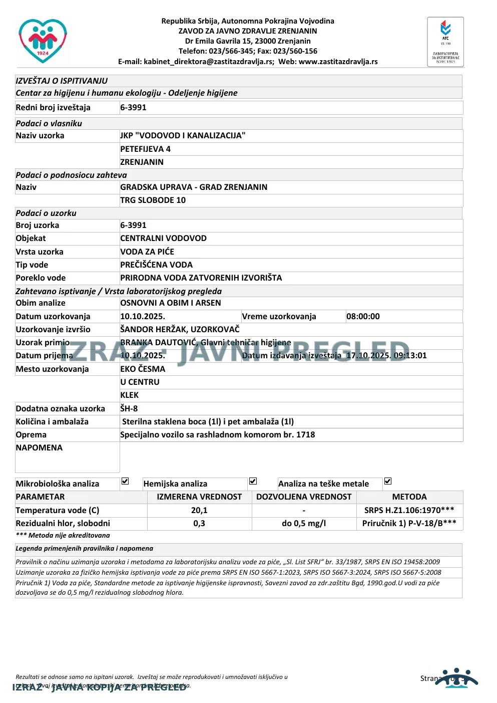 Izveštaj ZZJZ br. 3991 — Klek: EKO ČESMA (10.10.2025.) — neispravan, strana 1