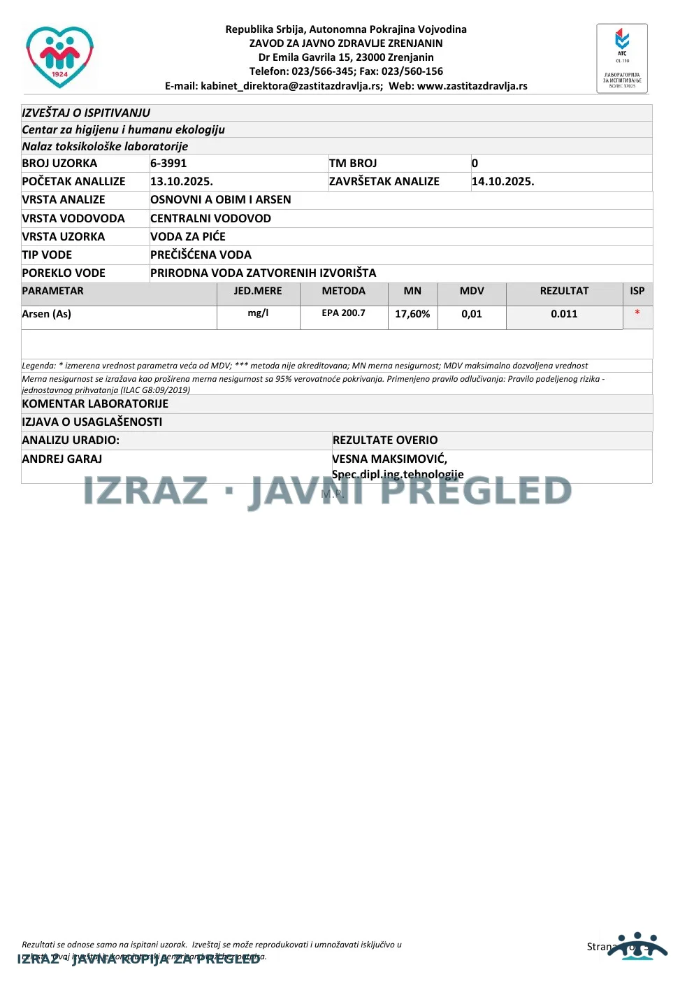 Izveštaj ZZJZ br. 3991 — Klek: EKO ČESMA (10.10.2025.) — neispravan, strana 4