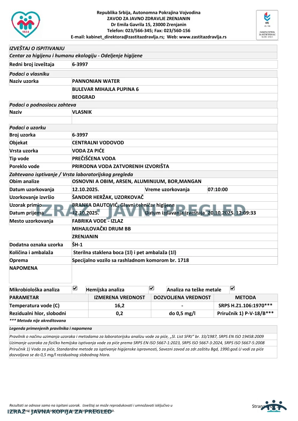 Izveštaj ZZJZ br. 3997 — Zrenjanin: FABRIKA VODE - IZLAZ (12.10.2025.) — ispravan, strana 1