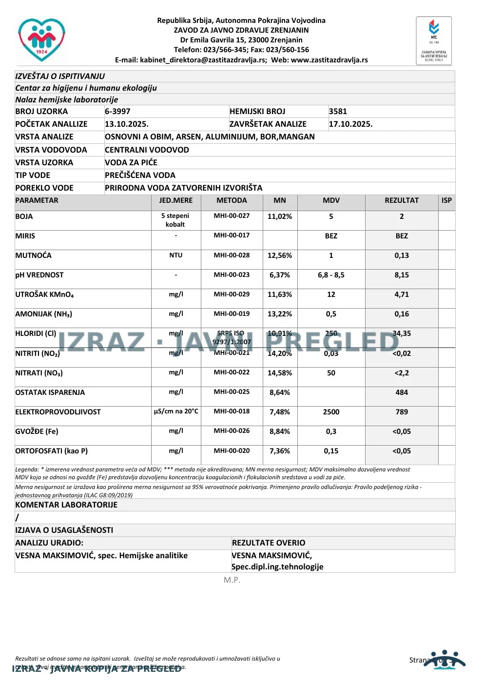 Izveštaj ZZJZ br. 3997 — Zrenjanin: FABRIKA VODE - IZLAZ (12.10.2025.) — ispravan, strana 3