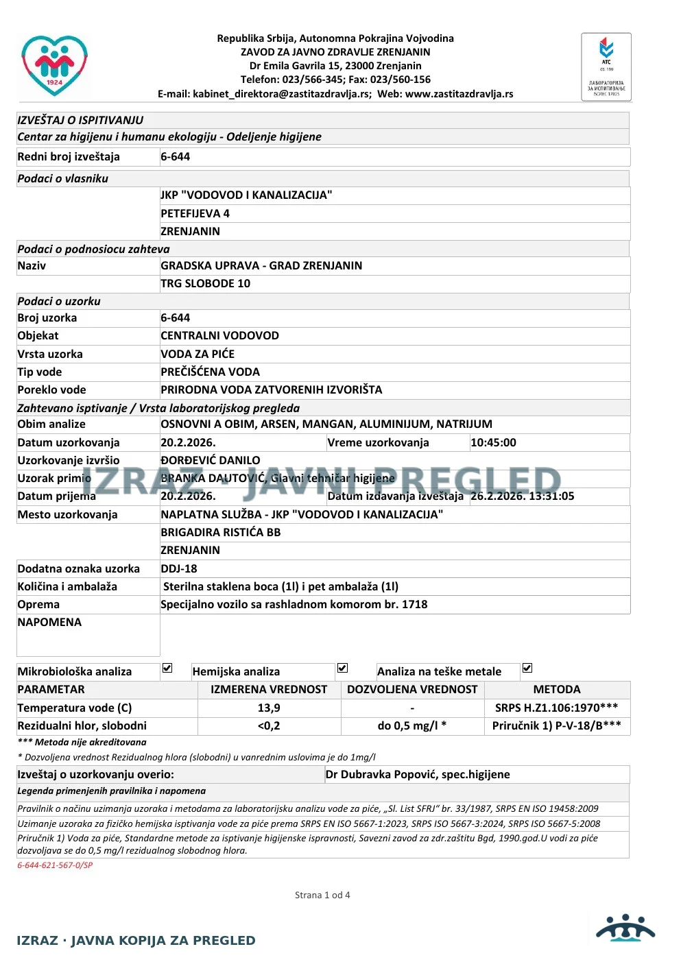 6-644 · Naplatna služba JKP VIK, Brigadira Ristića bb · uzorak 20.02.2026. · Izveštaj i mišljenje, strana 1