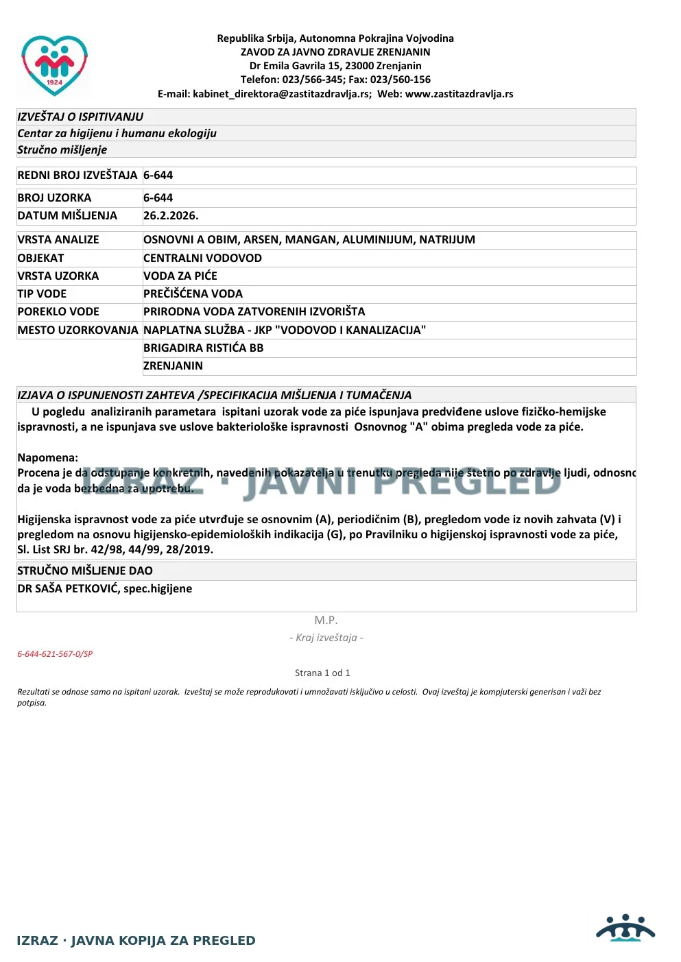 6-644 · Naplatna služba JKP VIK, Brigadira Ristića bb · uzorak 20.02.2026. · Izveštaj i mišljenje, strana 5