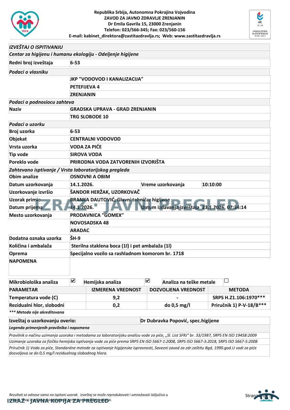 6-53 · Aradac, Prodavnica Gomex, Novosadska 48 · uzorak 14.01.2026. · Laboratorijski izveštaj, strana 1