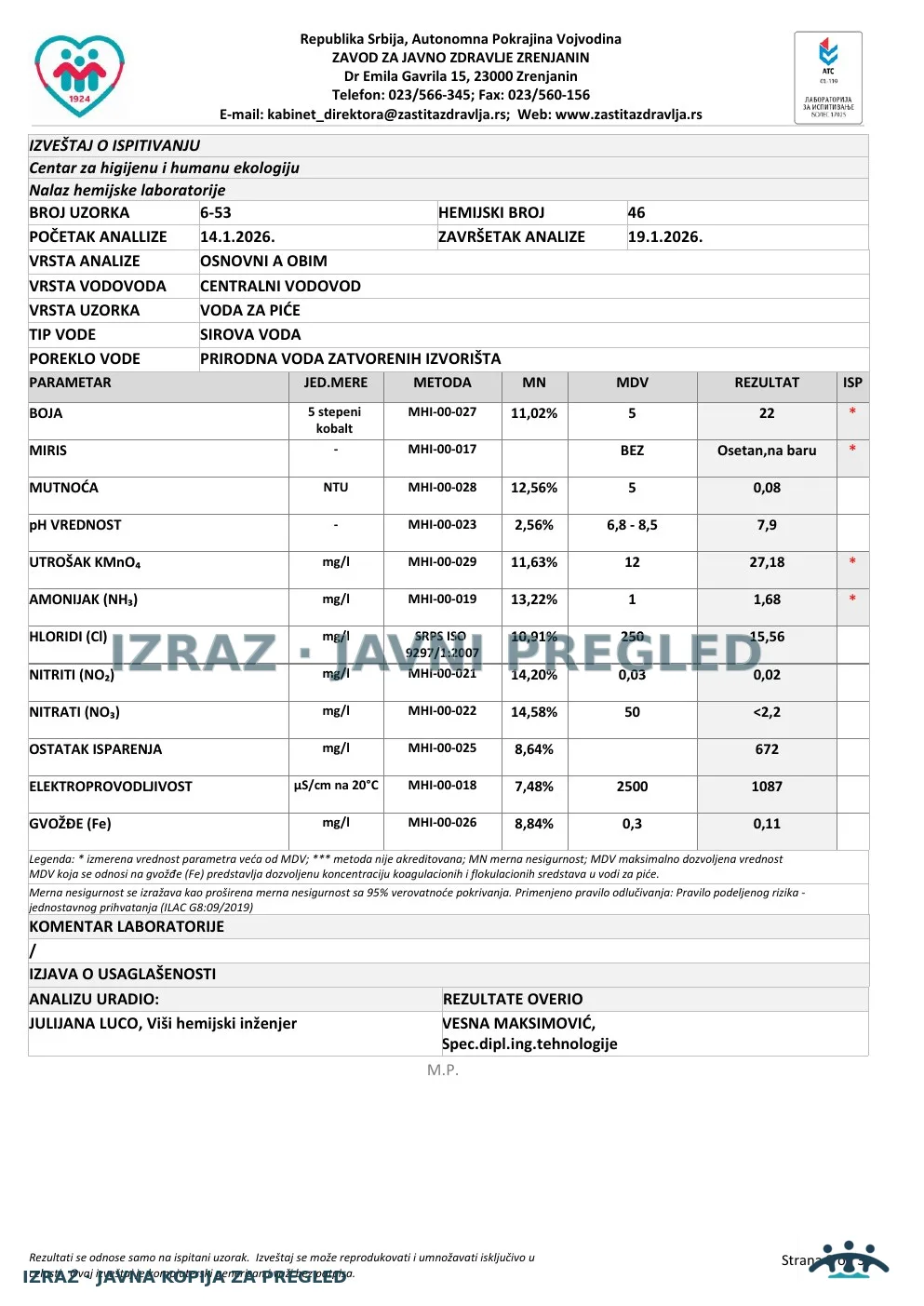6-53 · Aradac, Prodavnica Gomex, Novosadska 48 · uzorak 14.01.2026. · Laboratorijski izveštaj, strana 3