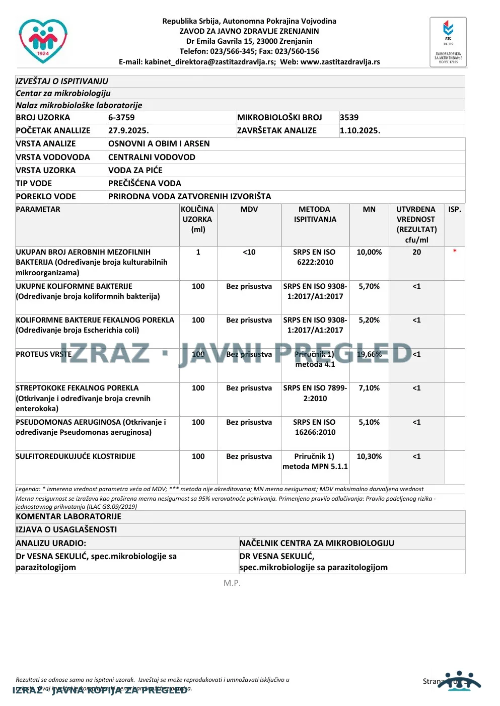 Izveštaj ZZJZ br. 3759 — Elemir: EKO ČESMA (26.9.2025.) — neispravan, strana 2