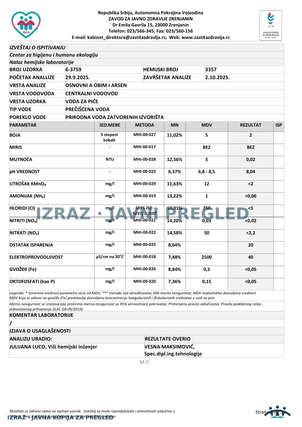 Izveštaj ZZJZ br. 3759 — Elemir: EKO ČESMA (26.9.2025.) — neispravan, strana 3