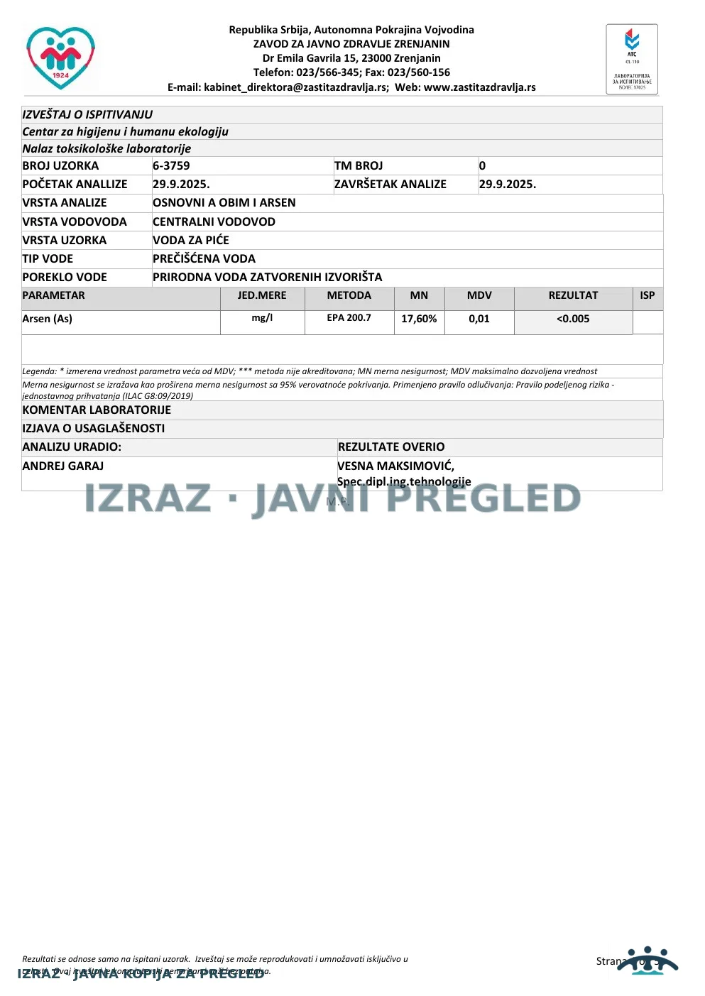 Izveštaj ZZJZ br. 3759 — Elemir: EKO ČESMA (26.9.2025.) — neispravan, strana 4