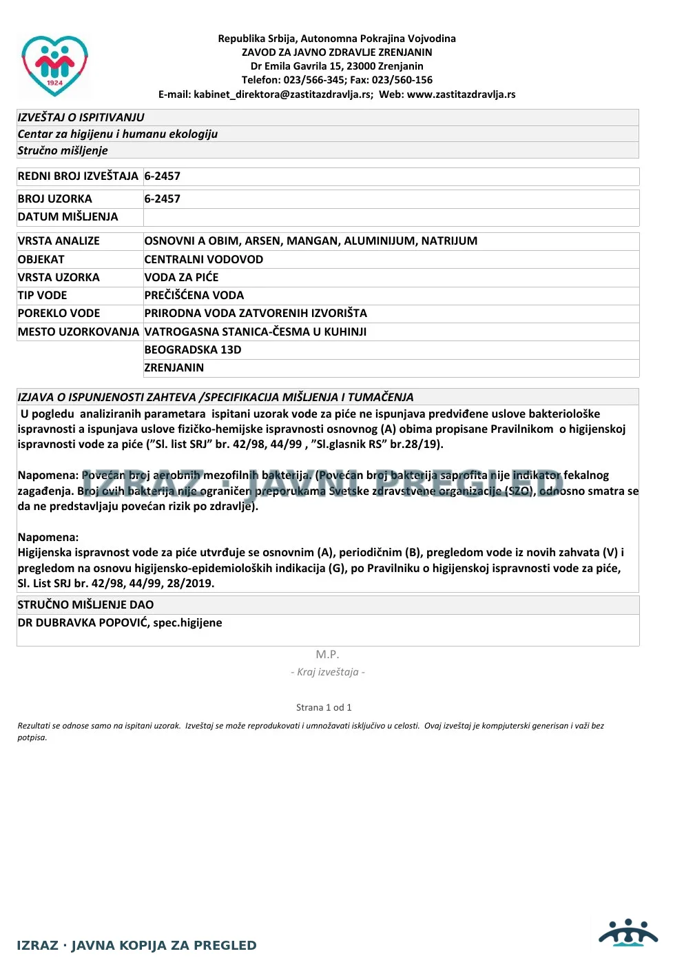 6-2457 · Vatrogasna stanica — česma u kuhinji, Beogradska 13D · uzorak 06.07.2026. · Izveštaj i mišljenje, strana 5