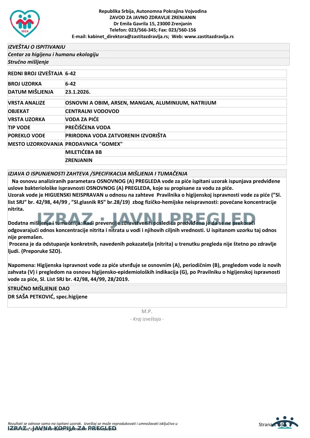 6-42 · Gomex, Miletićeva bb · uzorak 13.01.2026. · Stručno mišljenje, strana 1