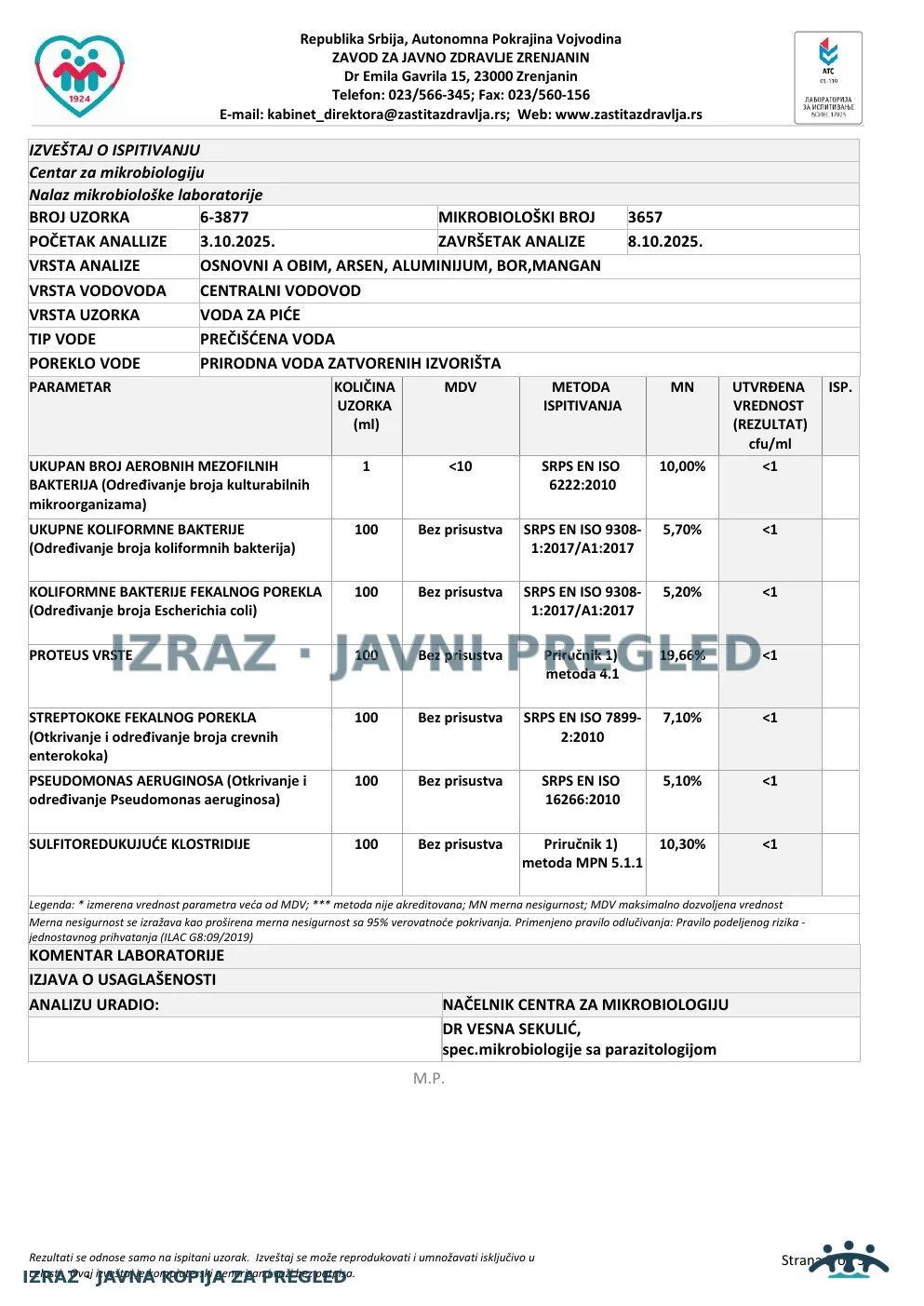 Izveštaj ZZJZ br. 3877 — Zrenjanin: FABRIKA VODE - IZLAZ (3.10.2025.) — ispravan, strana 2