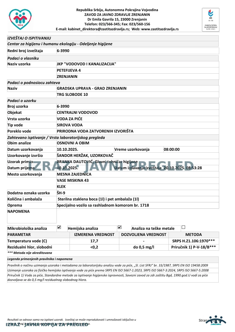 Izveštaj ZZJZ br. 3990 — Klek: MESNA ZAJEDNICA (10.10.2025.) — neispravan, strana 1