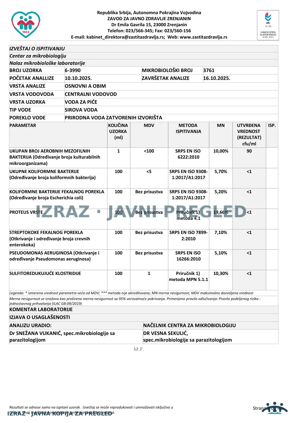 Izveštaj ZZJZ br. 3990 — Klek: MESNA ZAJEDNICA (10.10.2025.) — neispravan, strana 2