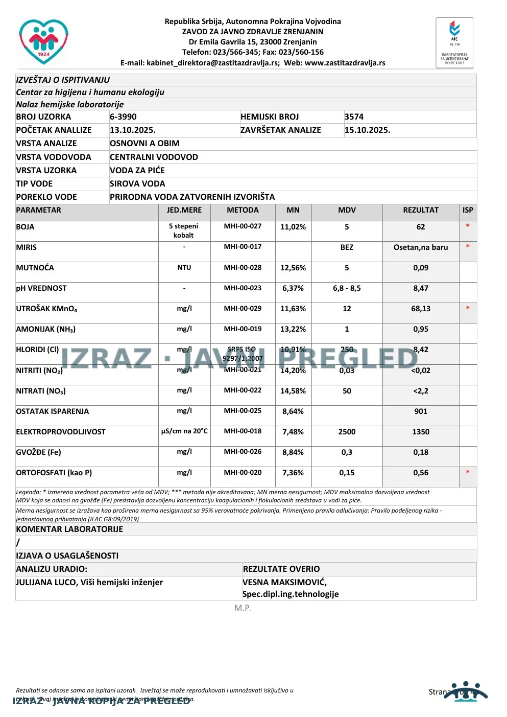 Izveštaj ZZJZ br. 3990 — Klek: MESNA ZAJEDNICA (10.10.2025.) — neispravan, strana 3