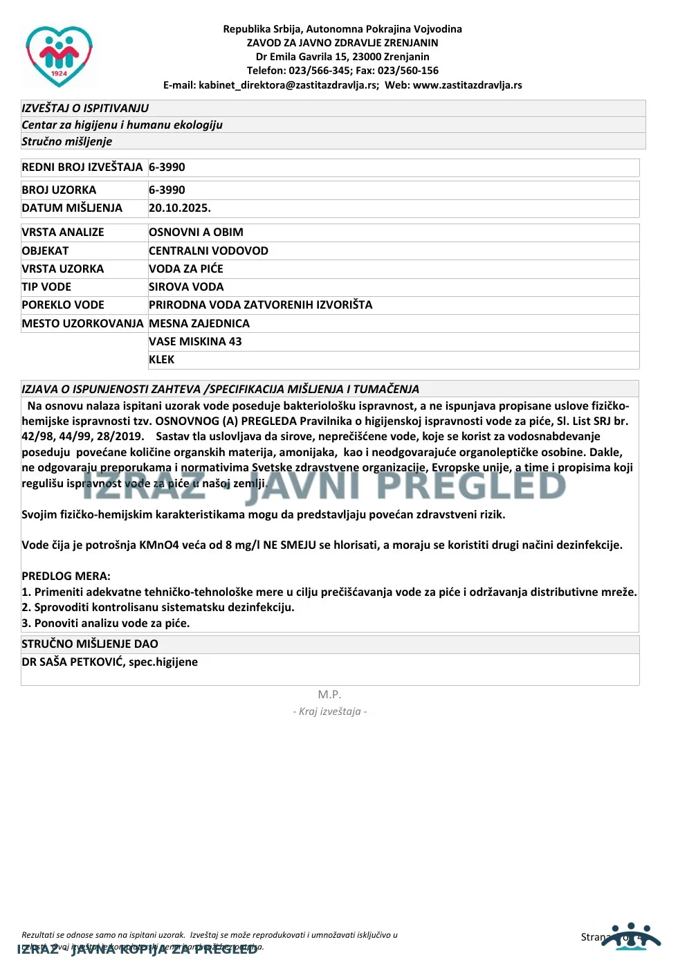 Izveštaj ZZJZ br. 3990 — Klek: MESNA ZAJEDNICA (10.10.2025.) — neispravan, strana 4