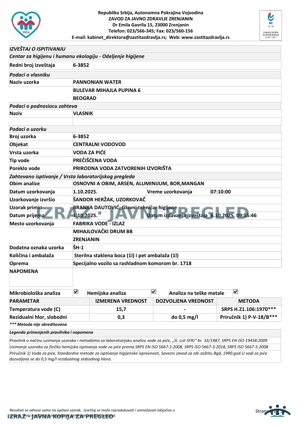 Izveštaj ZZJZ br. 3852 — Zrenjanin: FABRIKA VODE - IZLAZ (1.10.2025.) — ispravan, strana 1