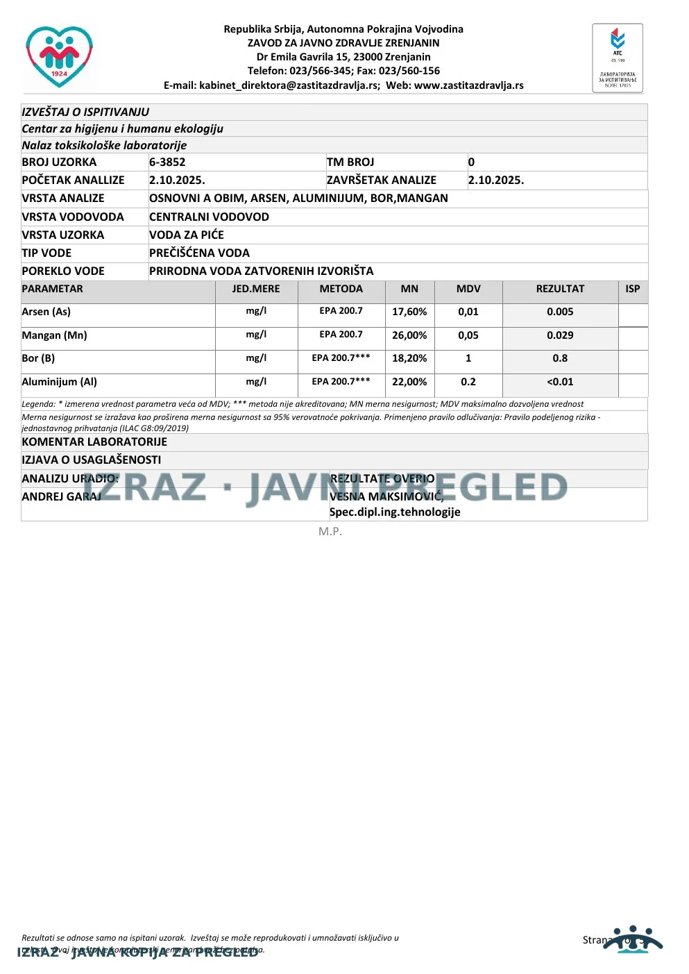 Izveštaj ZZJZ br. 3852 — Zrenjanin: FABRIKA VODE - IZLAZ (1.10.2025.) — ispravan, strana 4