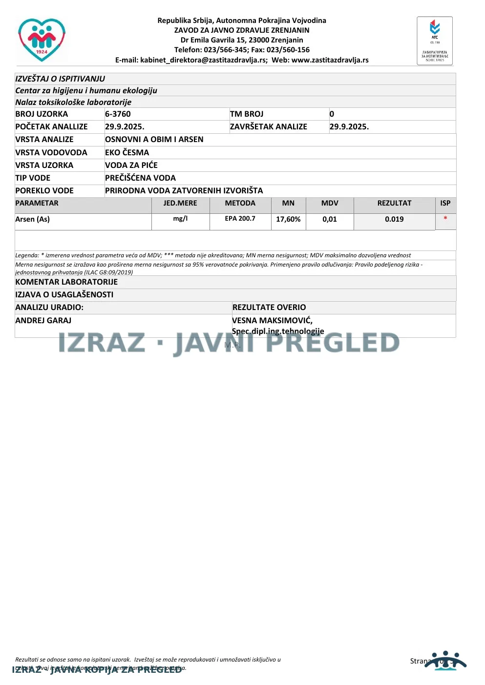 Izveštaj ZZJZ br. 3760 — Taraš: EKO ČESMA (26.9.2025.) — neispravan, strana 4