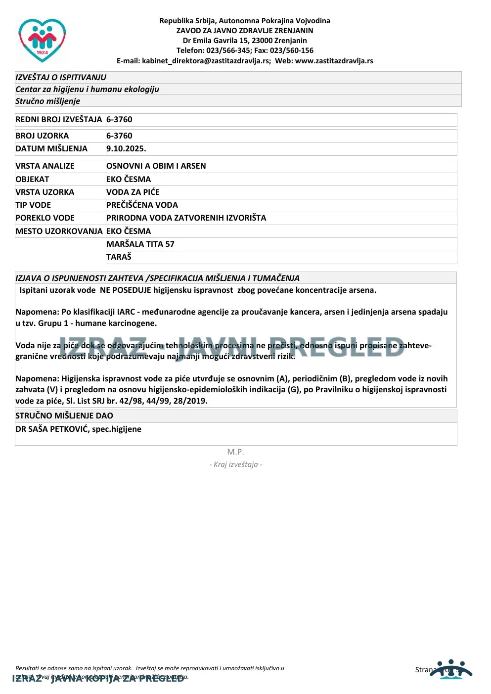 Izveštaj ZZJZ br. 3760 — Taraš: EKO ČESMA (26.9.2025.) — neispravan, strana 5