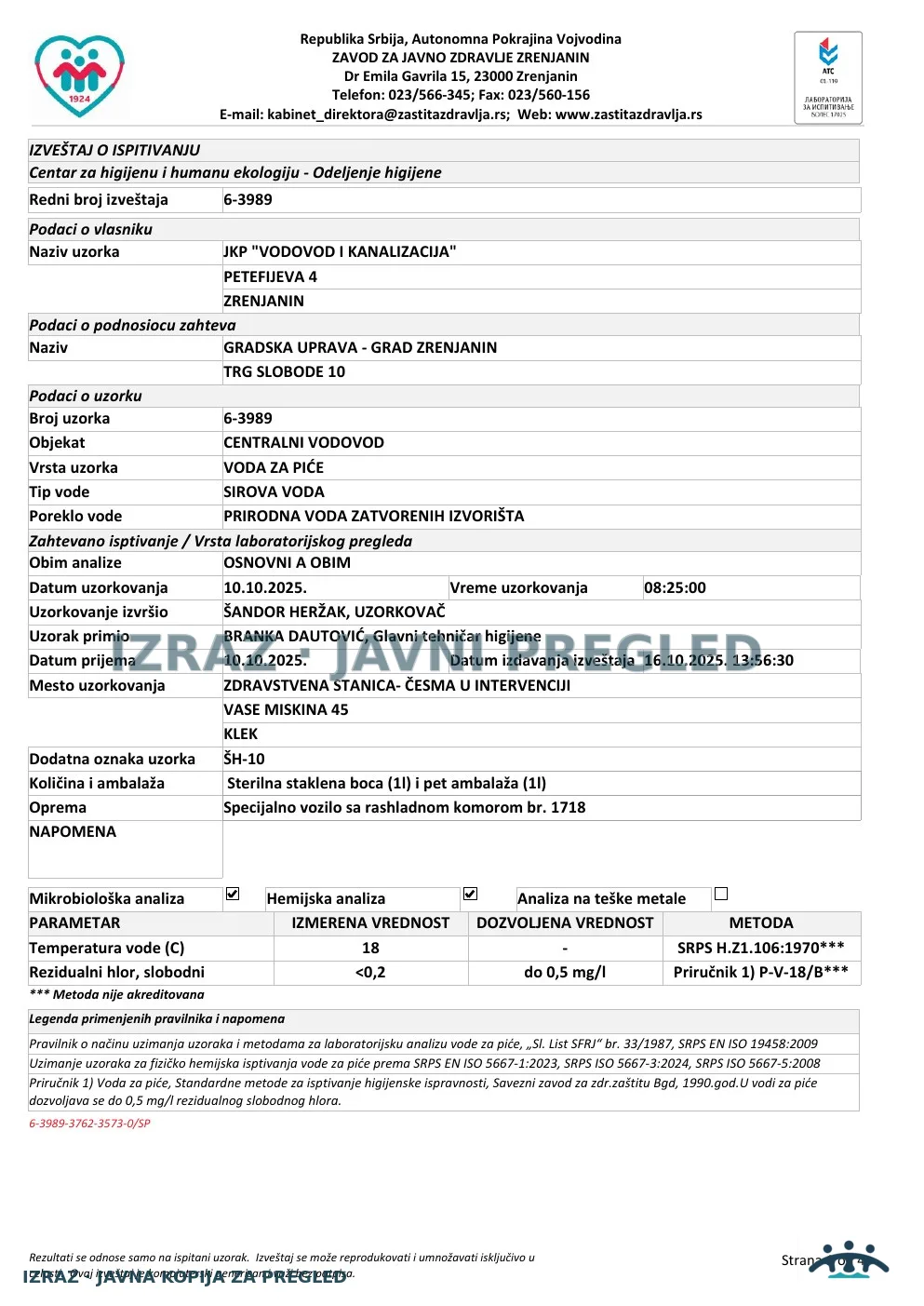 Izveštaj ZZJZ br. 3989 — Klek: ZDRAVSTVENA STANICA- ČESMA U INTERVENCIJI (10.10.2025.) — neispravan, strana 1