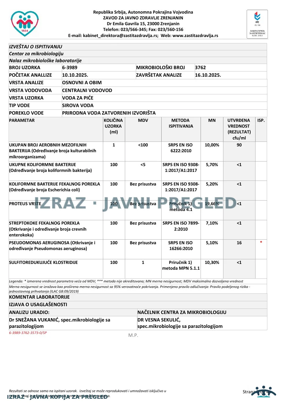 Izveštaj ZZJZ br. 3989 — Klek: ZDRAVSTVENA STANICA- ČESMA U INTERVENCIJI (10.10.2025.) — neispravan, strana 2