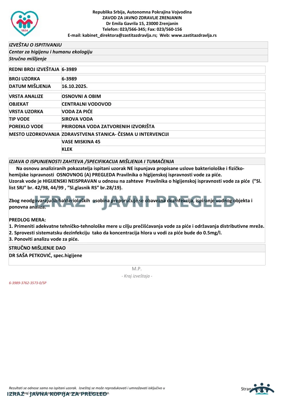 Izveštaj ZZJZ br. 3989 — Klek: ZDRAVSTVENA STANICA- ČESMA U INTERVENCIJI (10.10.2025.) — neispravan, strana 4
