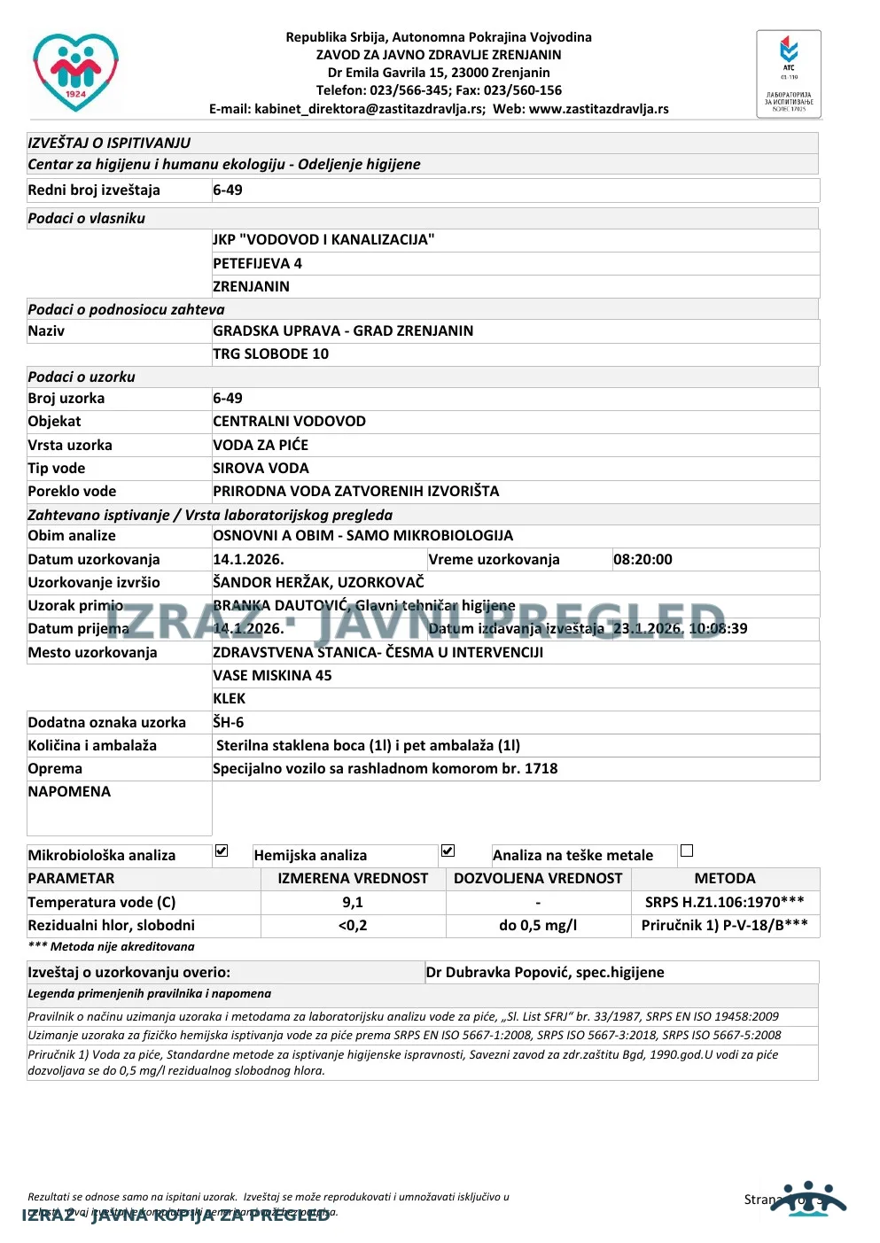 6-49 · Klek, Zdravstvena stanica — česma u intervenciji, Vase Miskina 45 · uzorak 14.01.2026. · Laboratorijski izveštaj, strana 1