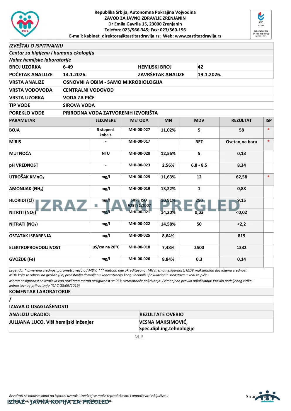 6-49 · Klek, Zdravstvena stanica — česma u intervenciji, Vase Miskina 45 · uzorak 14.01.2026. · Laboratorijski izveštaj, strana 3