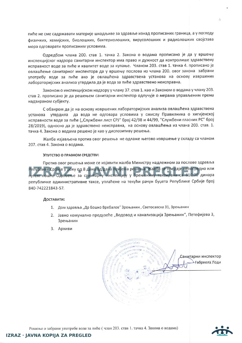 Zabrana vode za piće-Zdravstvena stanica STAJICEVO-Nitriti 21.04.2026, strana 2