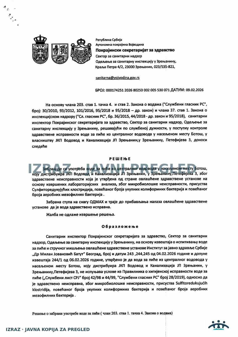 Zabrana vode za piće-Centralni cevovod BOTOS-Klostridije-Koliformne i AM bakterije 09.02.2026 VAN SNAGE 09.06.2026, strana 1
