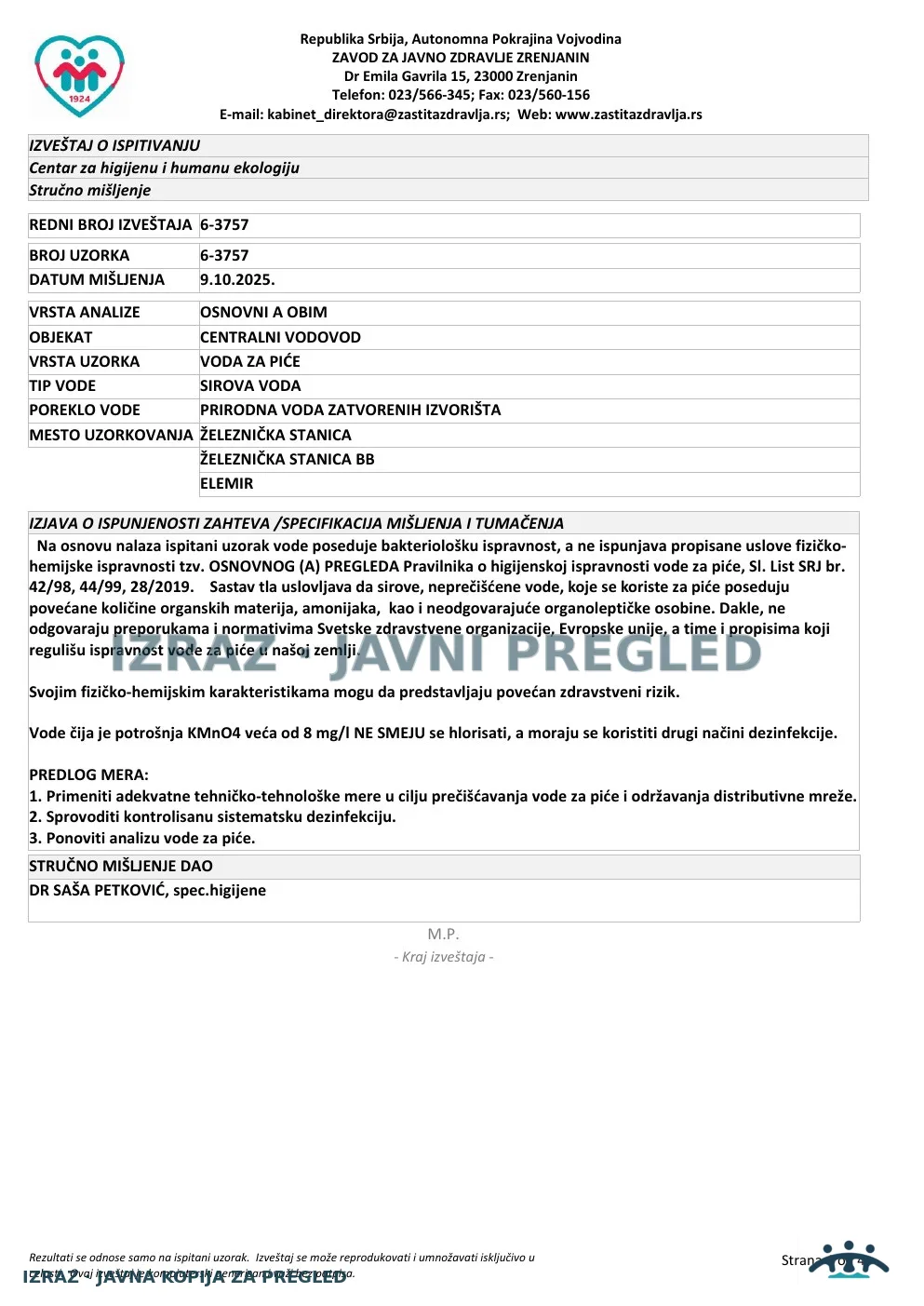 Izveštaj ZZJZ br. 3757 — Elemir: ŽELEZNIČKA STANICA (26.9.2025.) — neispravan, strana 4